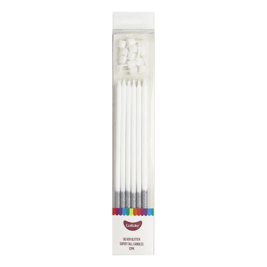Super Tall Silver Glitter Candles 18cm | 18pc