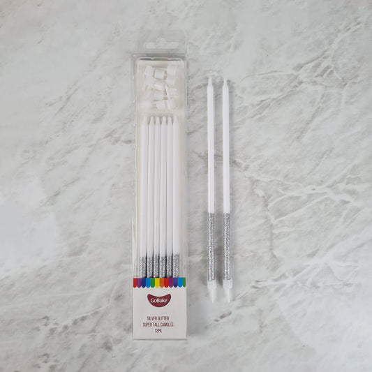 Super Tall Silver Glitter Candles 18cm | 18pc